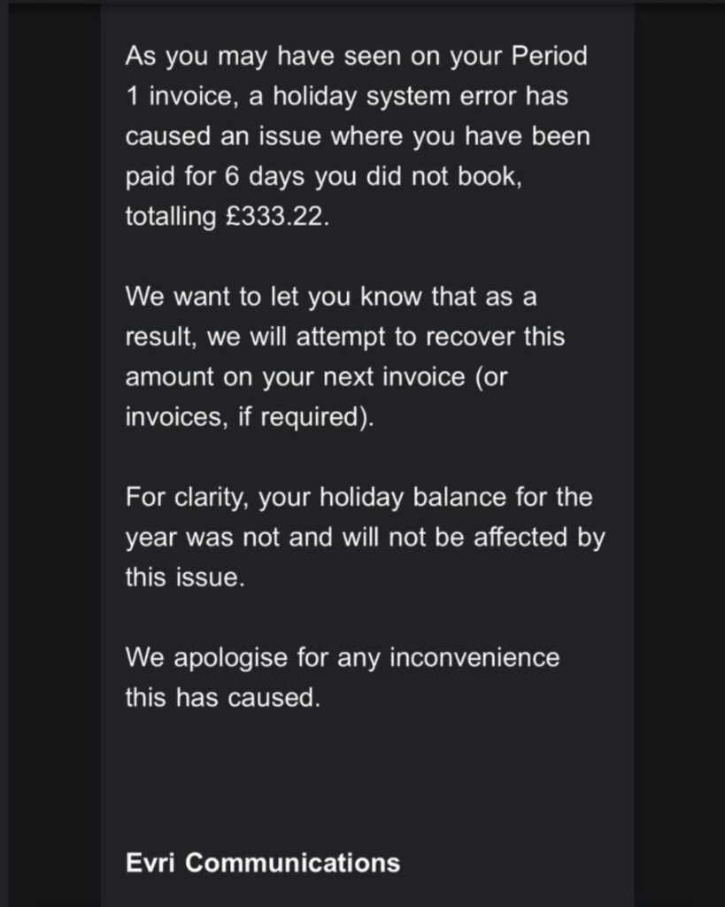 an email showing the amounts Evri are clawing back in holiday pay
