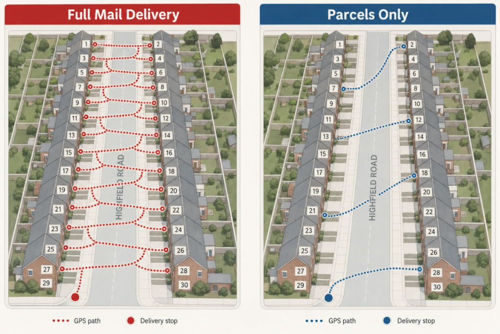 graphic showing mail delivery versus parcel only delivery