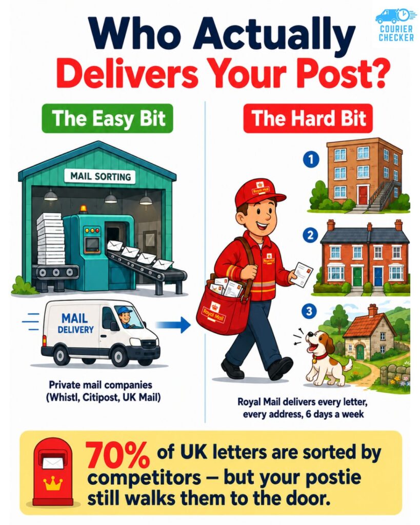 modern infographic showing the differences in access mail and how the system causes the problems leading to fining Royal Mail