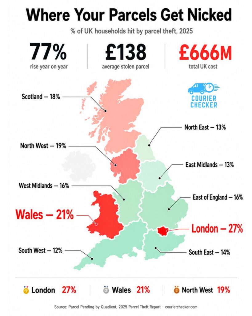 infographic showing parcel theft in the UK by region